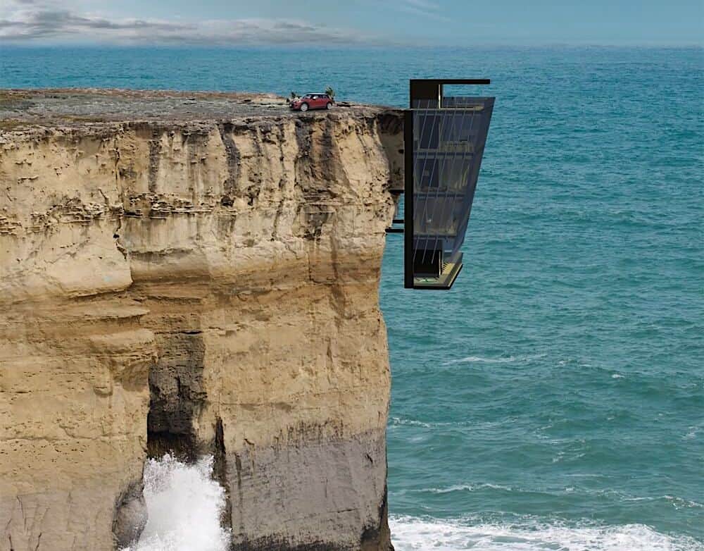 Original casa modular suspendida en un acantilado sobre el océano australiano