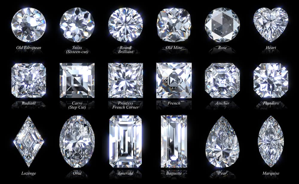 Dieciocho estilos y formas diferentes de corte de diamantes.
