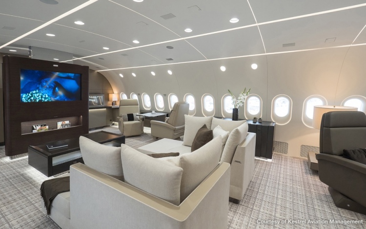 Interior del lujoso avión de negocios Boeing