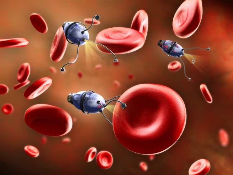 Nanobots atravesando el torrente sanguíneo y reparando algunas células sanguíneas.