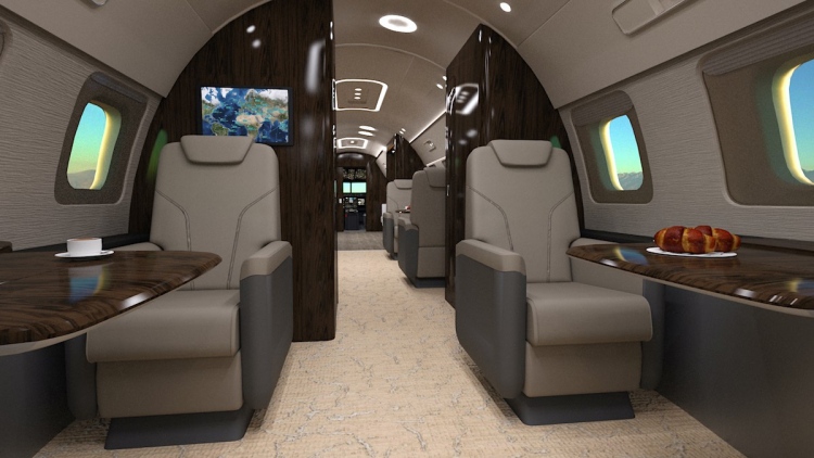 El interior moderno de un lujoso jet privado