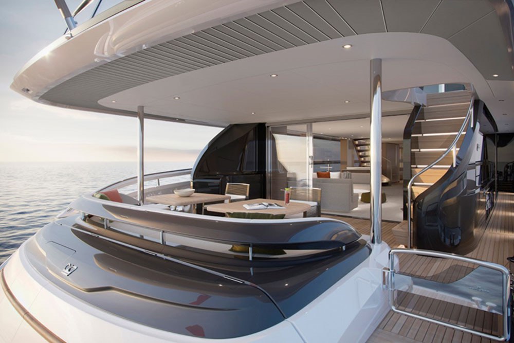 El primer modelo del nuevo Princess Yachts X Class, se caracteriza por líneas largas y fluidas que se extienden desde la proa hasta la popa.