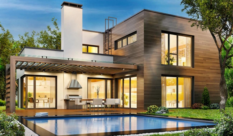 Casa de madera moderna con piscina
