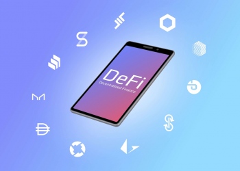 Smartphone con iconos de monedas y texto de finanzas descentralizadas DeFi.