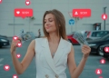 Mujer con dinero. Influencer de vlogger: me gusta, emojis de seguidores para las redes sociales desde el teléfono inteligente.