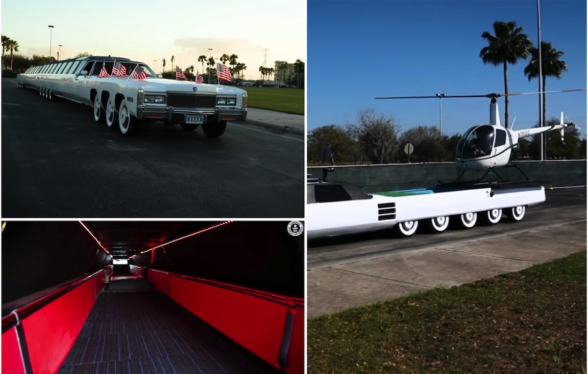 El coche más largo del mundo, tiene 30 metros de largo, 26 ruedas, piscina, campo de golf y un helipuerto