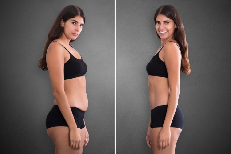 El antes y después de una mujer. Concepto de mujer gorda a delgada.