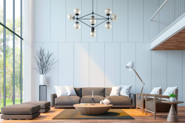Moderna sala de estar con imagen renderizada 3d de entrepiso.