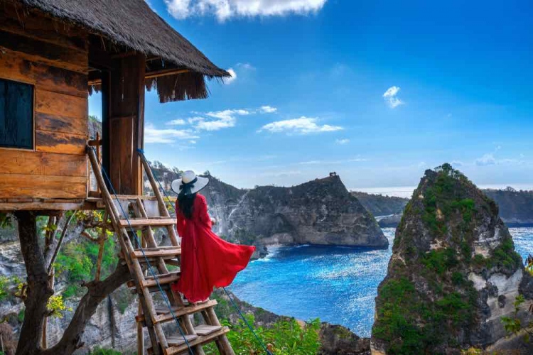 Tree house con vistas a la playa de Atuh en la isla de Nusa Penida, Bali en Indonesia.